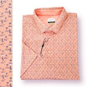 Greg Norman Play Dry Polo Shirt Palm Print Stretch Collared Logo Short Sleeve